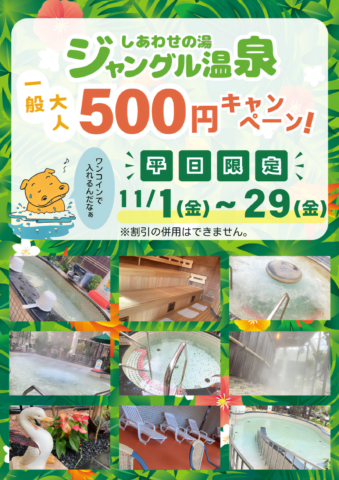 【ジャングル温泉】11月平日限定！一般大人500円キャンペーン★